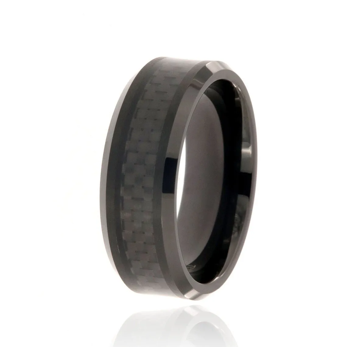 8mm Black Tungsten Carbide Men's Ring With Black Carbon Fiber Inlay, Brushed And Polished Finish - FREE Personalization