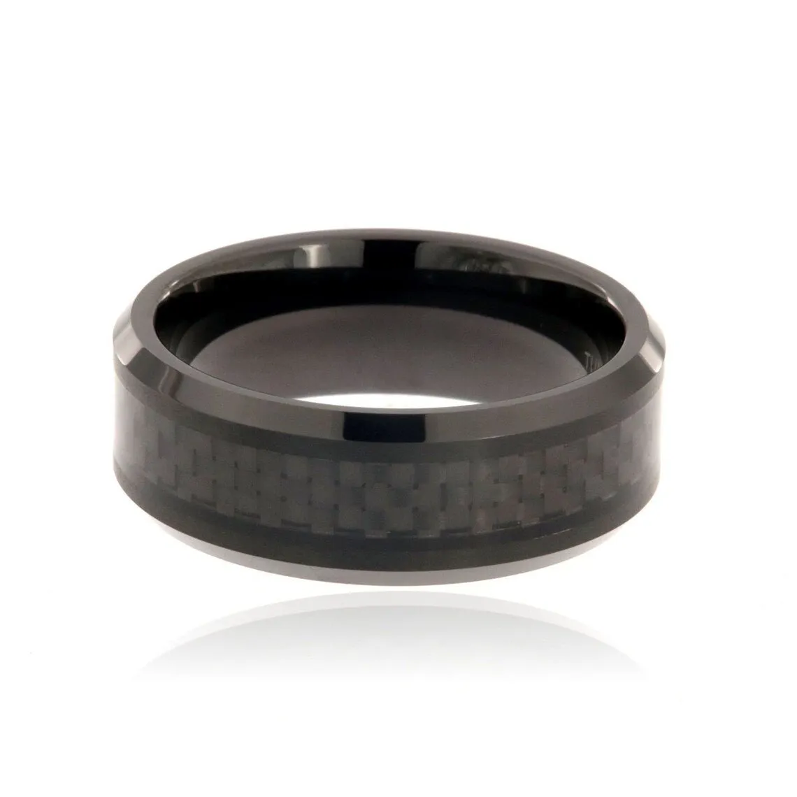 8mm Black Tungsten Carbide Men's Ring With Black Carbon Fiber Inlay, Brushed And Polished Finish - FREE Personalization