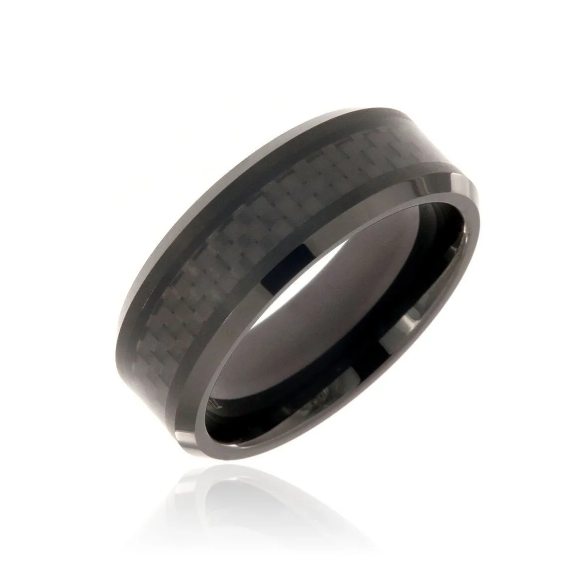 8mm Black Tungsten Carbide Men's Ring With Black Carbon Fiber Inlay, Brushed And Polished Finish - FREE Personalization