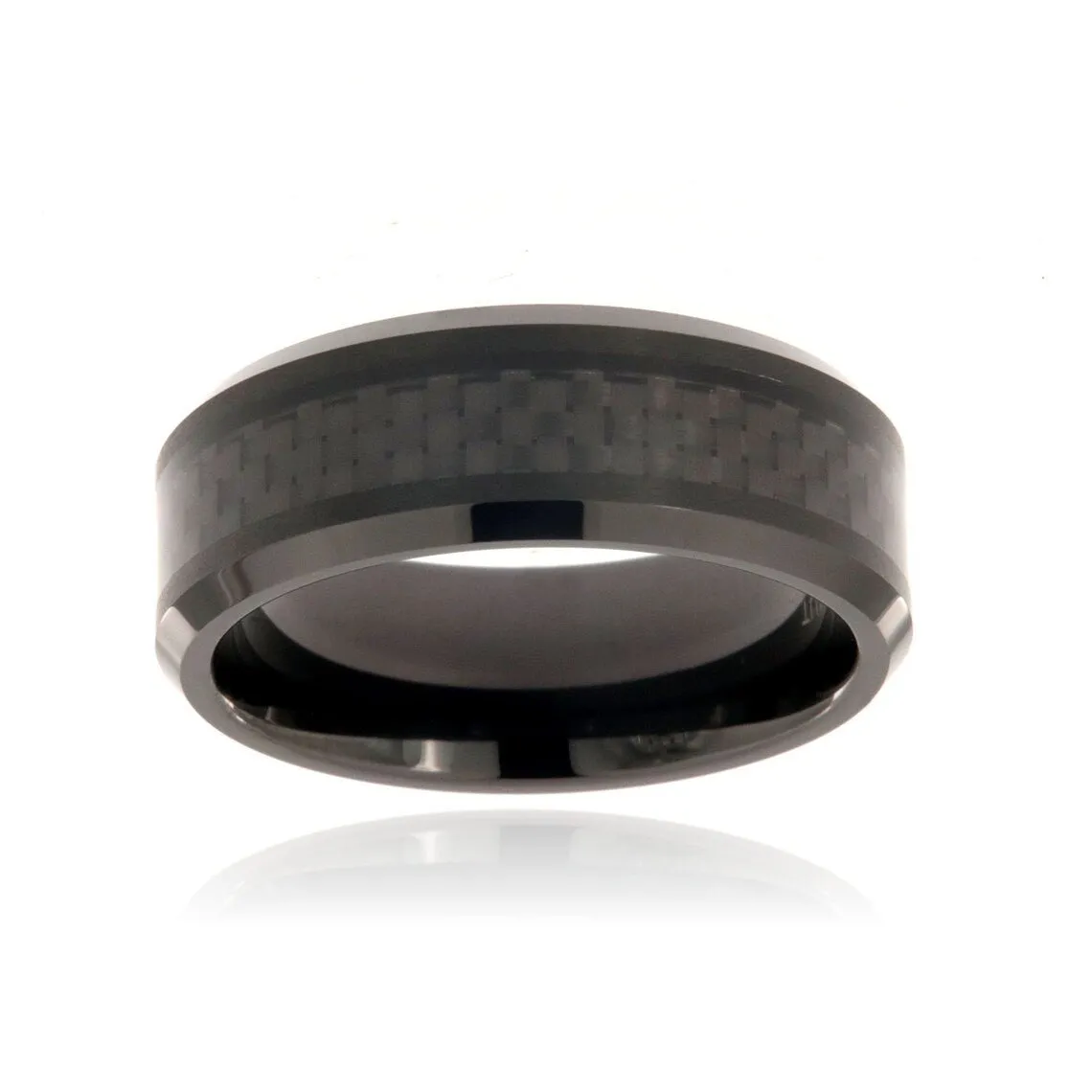 8mm Black Tungsten Carbide Men's Ring With Black Carbon Fiber Inlay, Brushed And Polished Finish - FREE Personalization