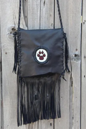 Stylish Black Fringed Handbag with Elegant Beaded Wolf Paw Design