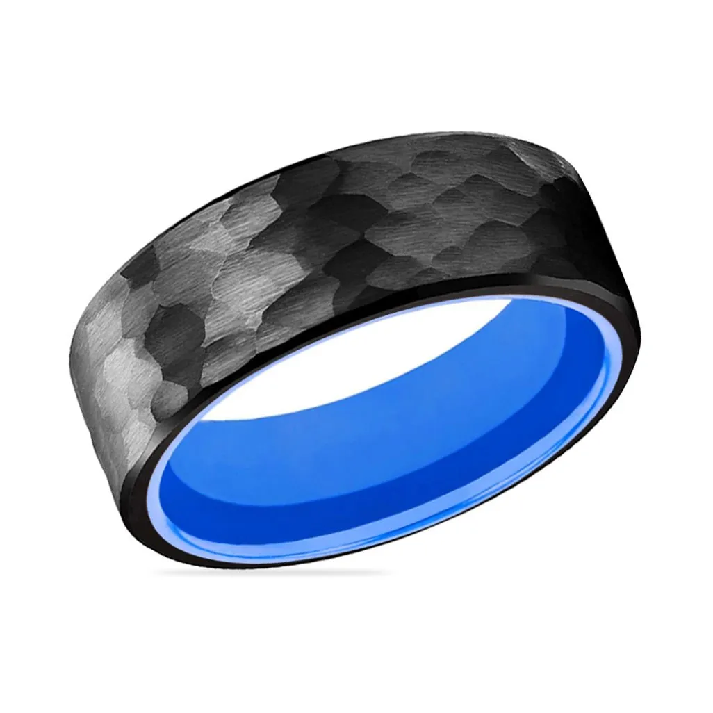 BLUEDEVIL | Blue Ring, Black Tungsten Ring, Hammered, Flat