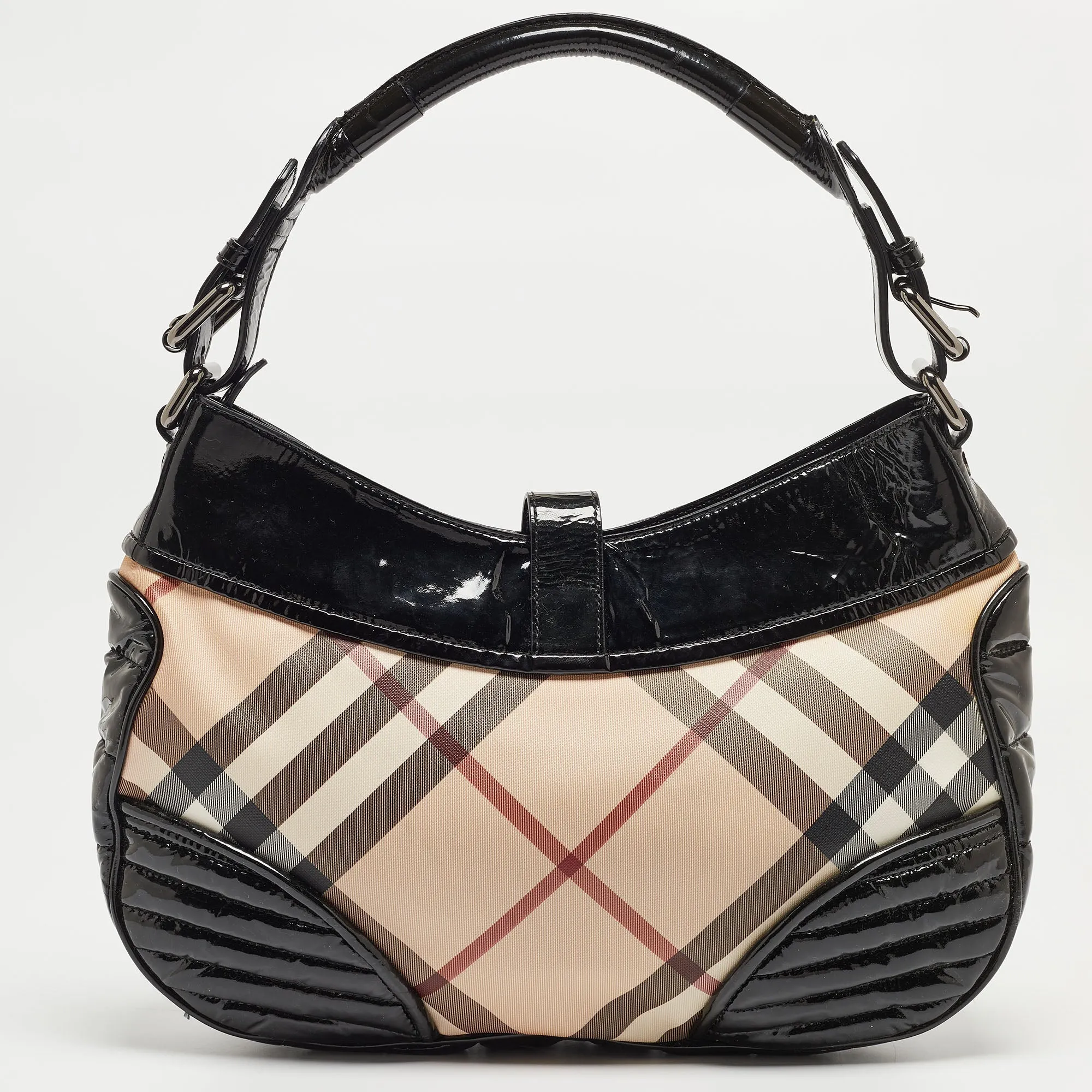 BURBERRY Black/Beige Nova Check PVC and Patent Leather Hobo