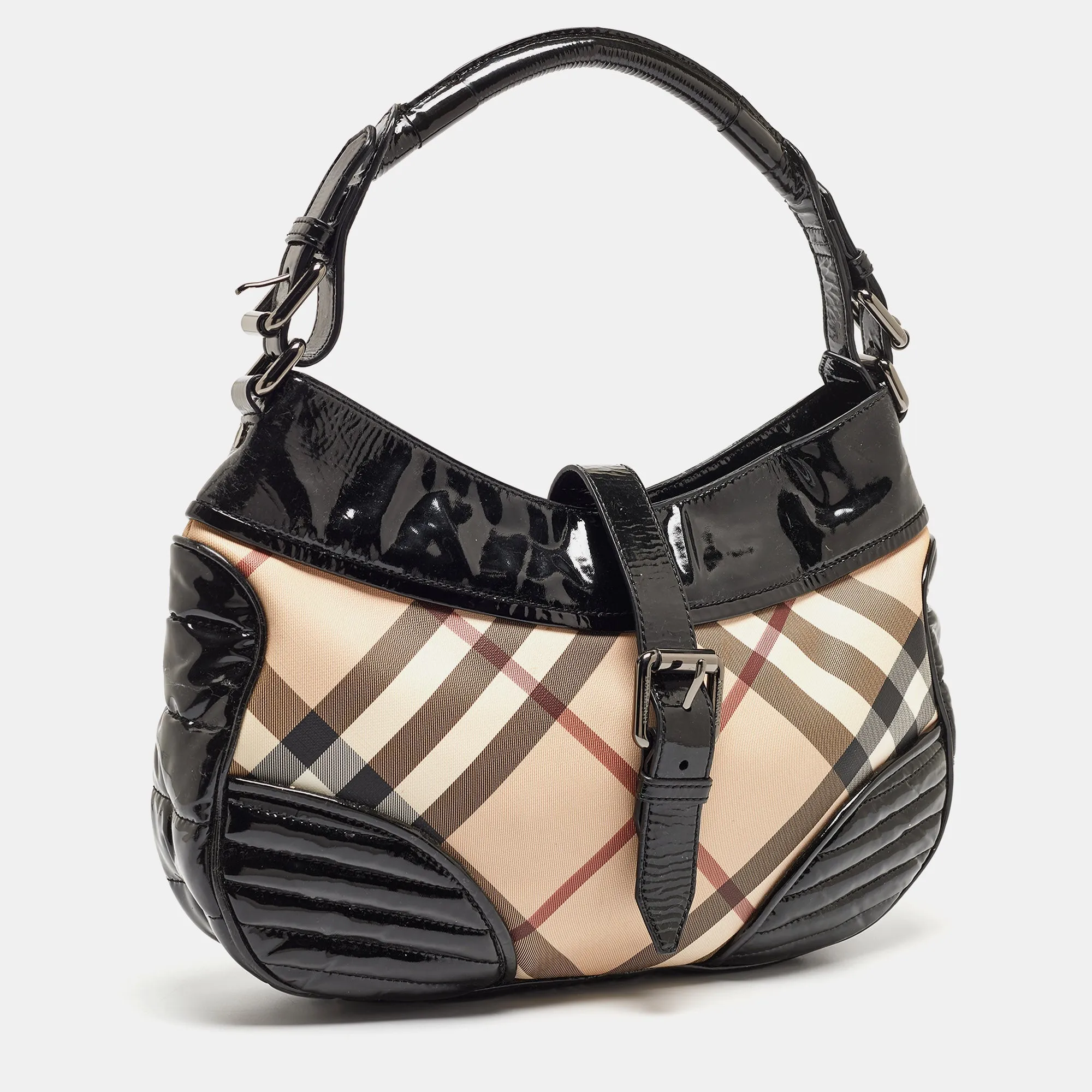 BURBERRY Black/Beige Nova Check PVC and Patent Leather Hobo