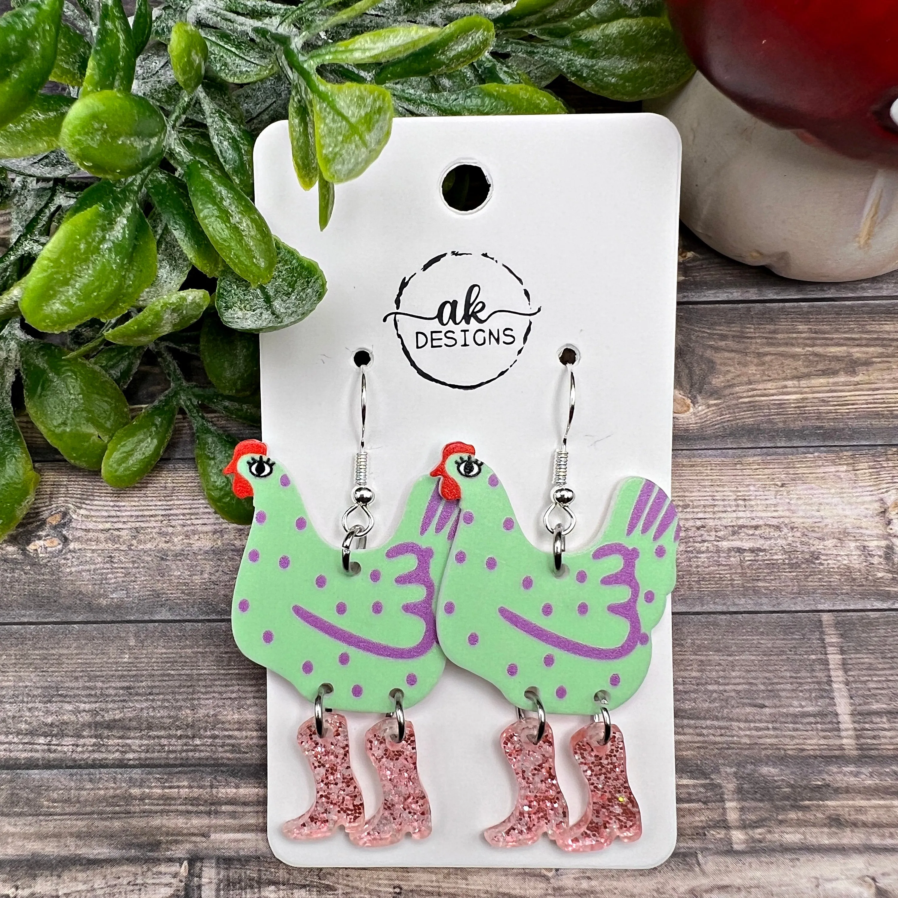 Ditsy Chicken with Glitter Red Boots Acrylic Earrings