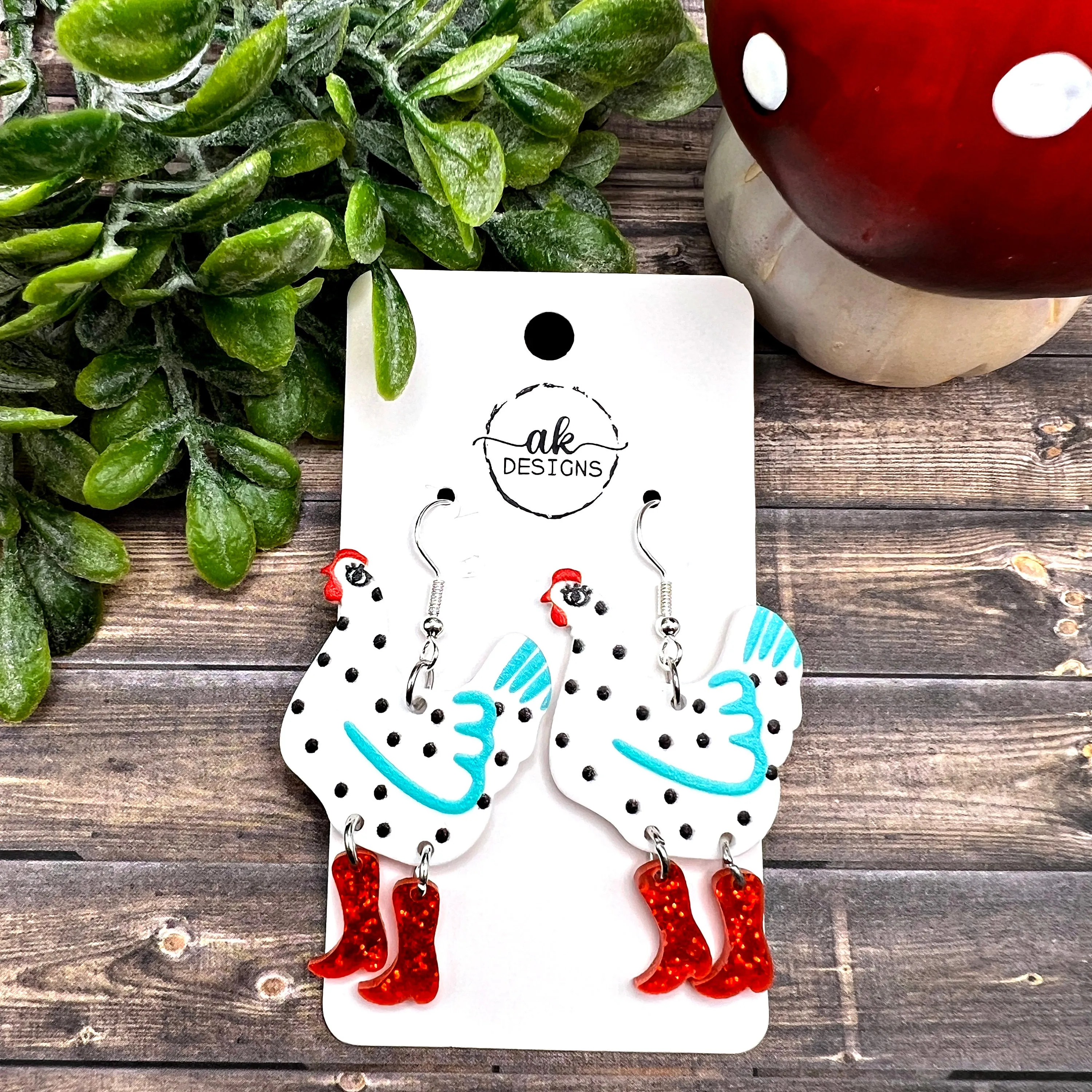 Ditsy Chicken with Glitter Red Boots Acrylic Earrings