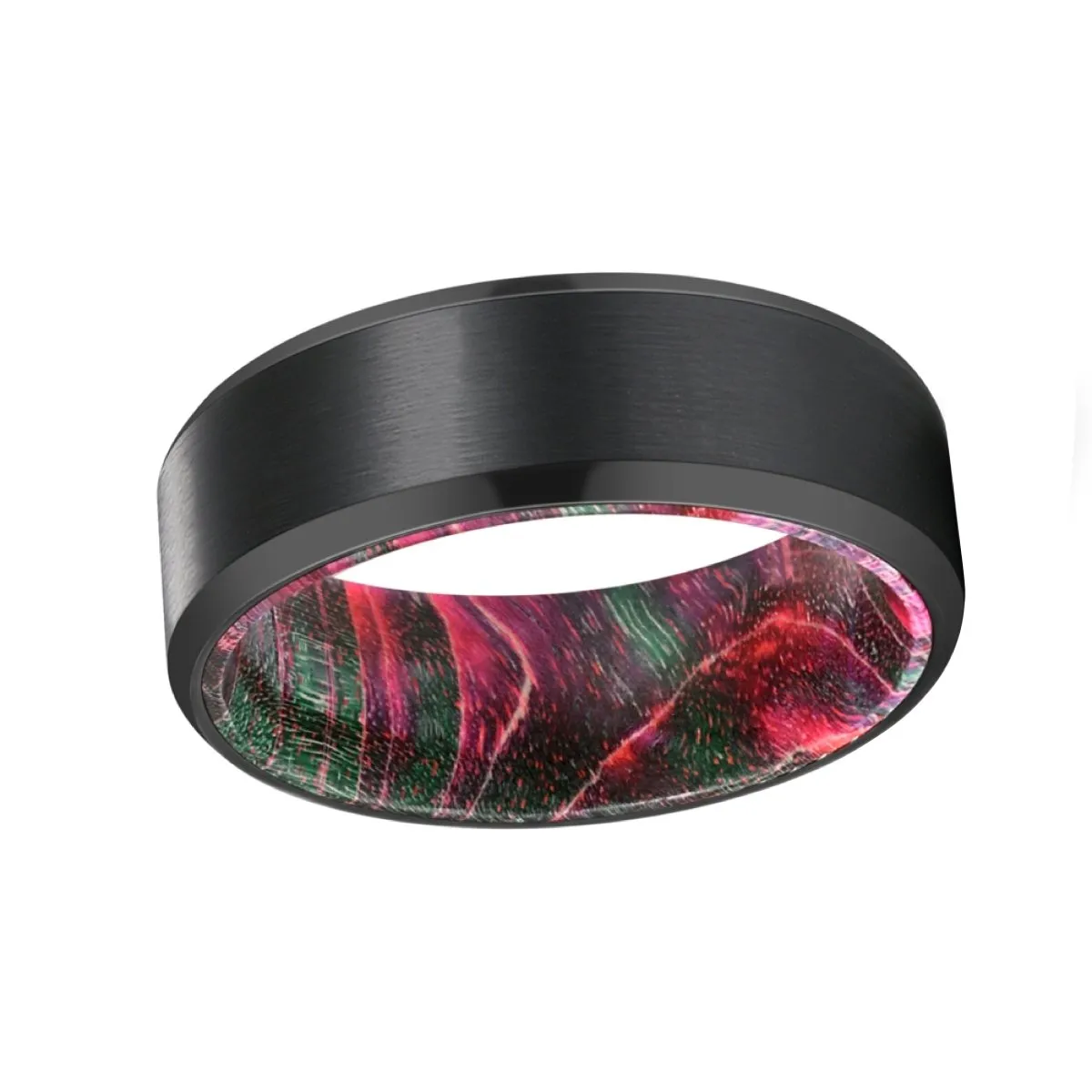 DONALDSON | Green and Red Wood, Black Tungsten Ring, Brushed, Beveled