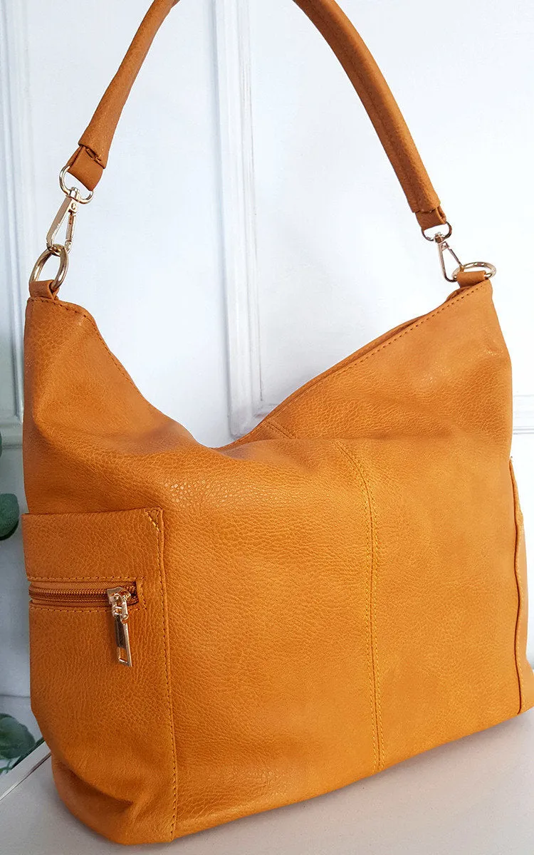 Faux Leather Shoulder Bag with Side Pocket Zip Detail