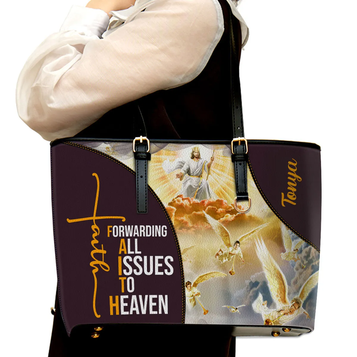 Forwading All Issues To The Heaven Personalized Large Leather Tote Bag - Christian Gifts For Women