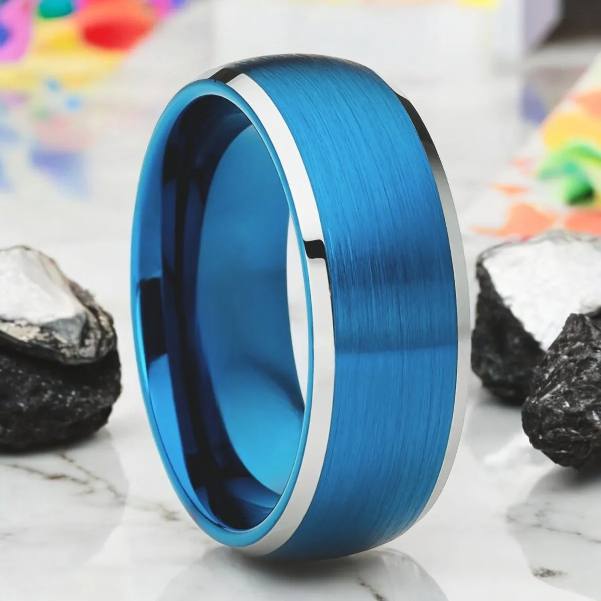 FROSTWANE | Blue Tungsten Ring, Brushed, Silver Beveled Edges, Domed