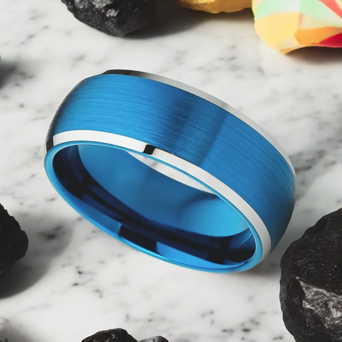 FROSTWANE | Blue Tungsten Ring, Brushed, Silver Beveled Edges, Domed