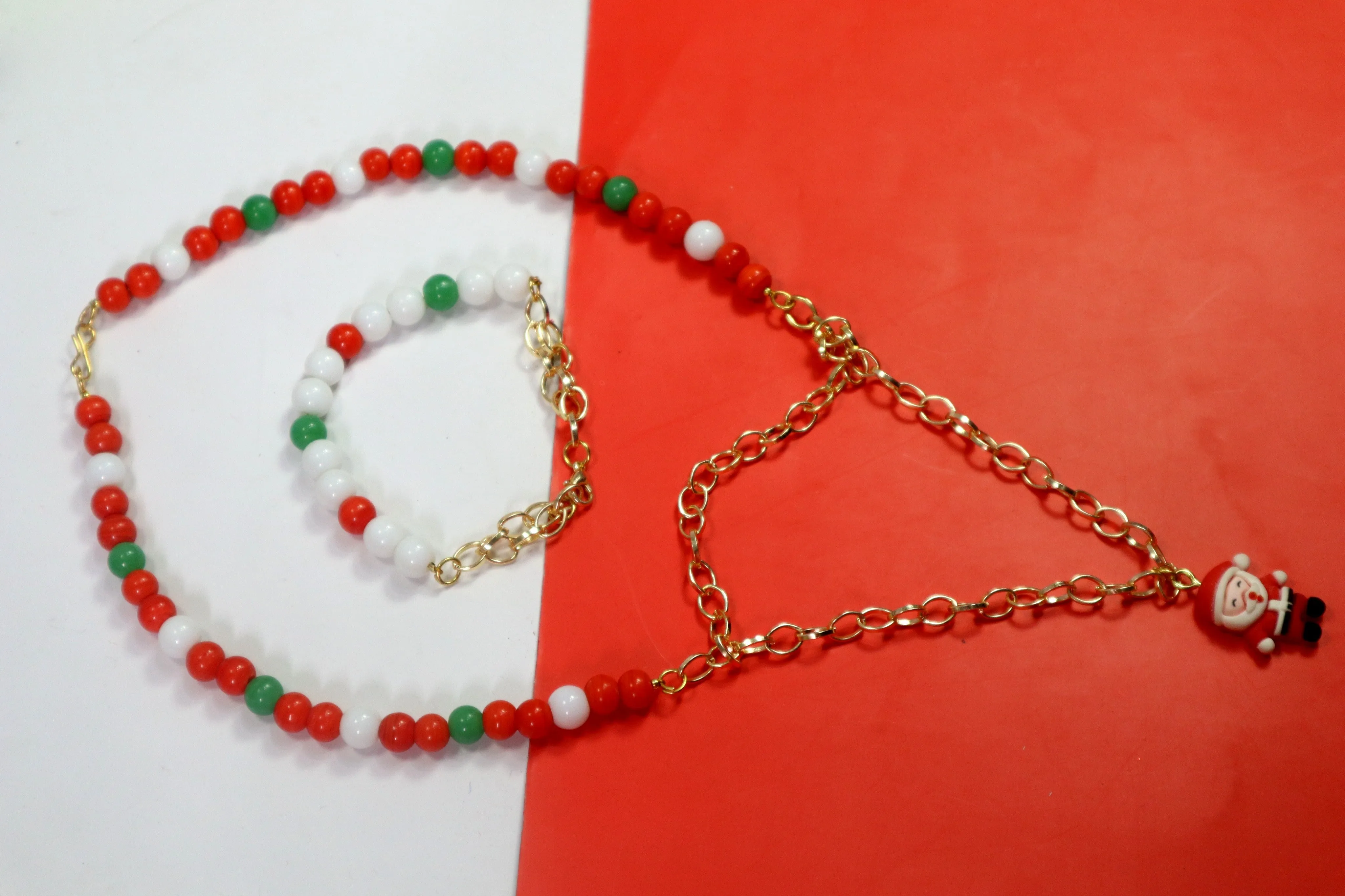 Kamule Christmas Theme Santa Pendant Beaded and Chain Necklace Set of 2-Red,white,Green,Golden