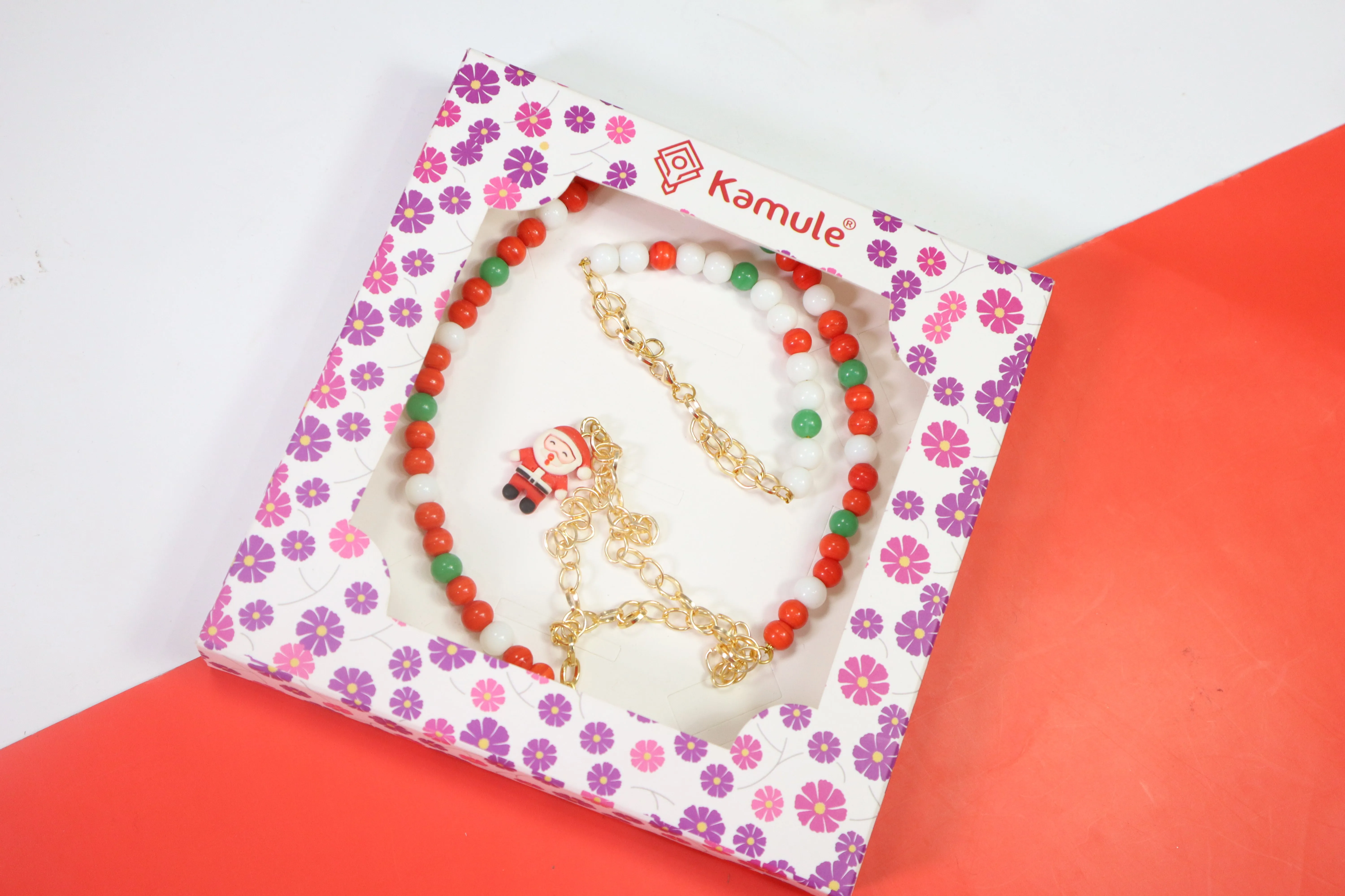 Kamule Christmas Theme Santa Pendant Beaded and Chain Necklace Set of 2-Red,white,Green,Golden