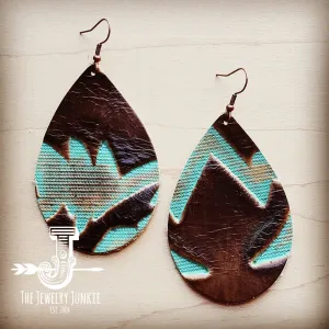 **Leather Teardrop Earrings-Brown and Turquoise Laredo 204d