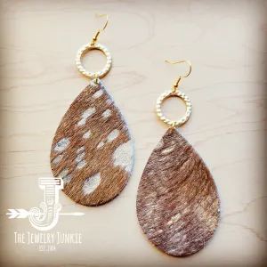 **Leather Teardrop Earrings Hair-on-Hide Tan Metallic w/ Matte Gold Hoop 210u