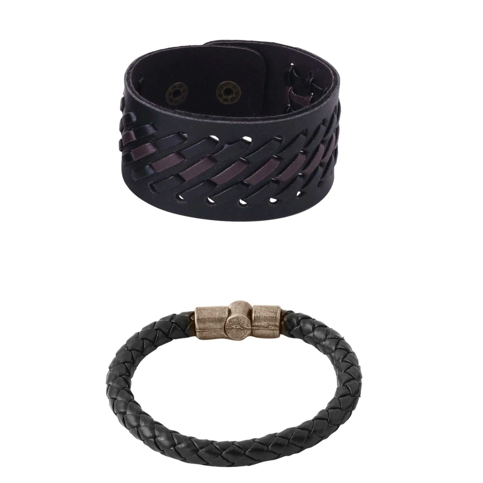 Men's Set Of 2 Black Leather Bracelet - Nvr