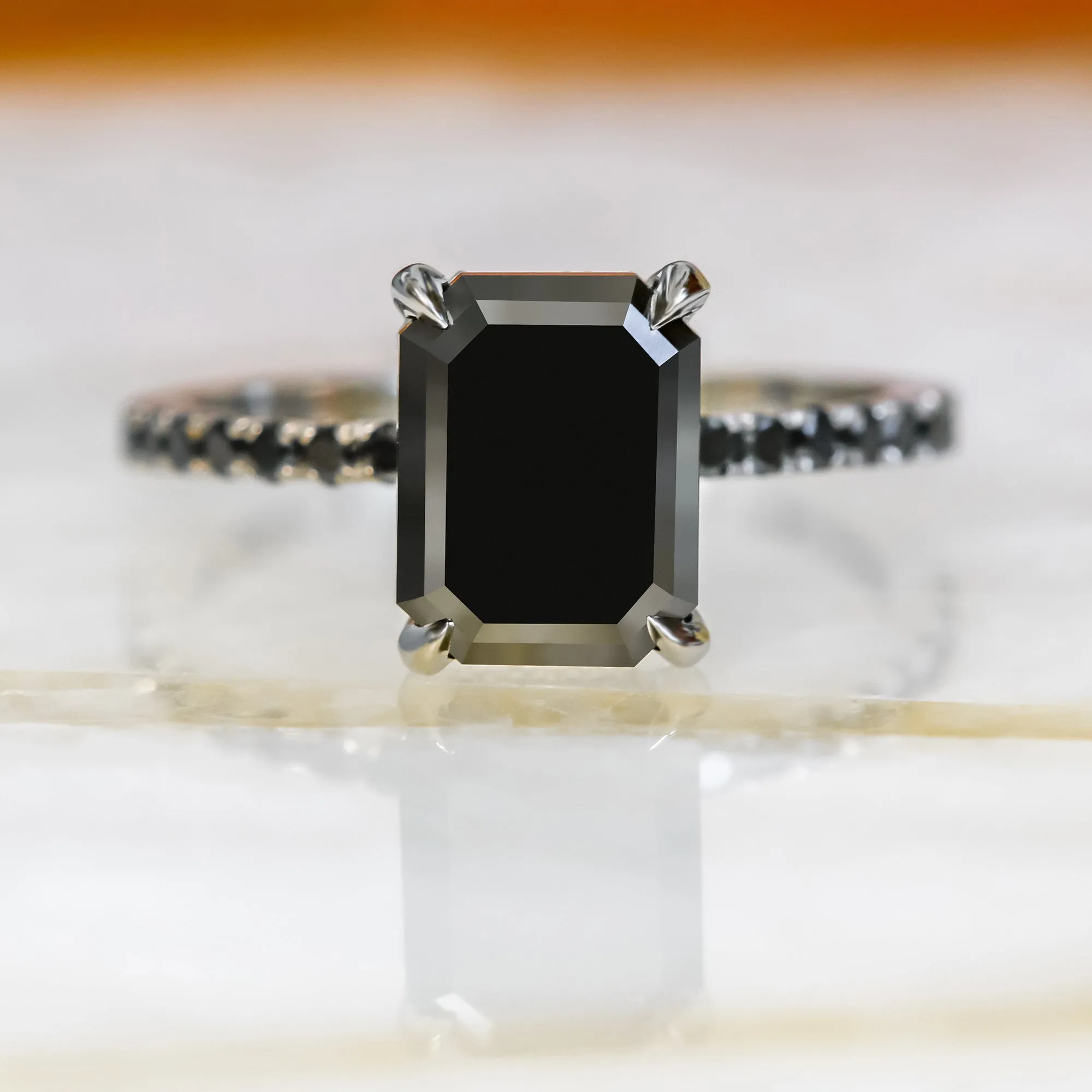 Noir Mystique  Unique  Natural Black Diamond Emerald Cut Engagement Ring