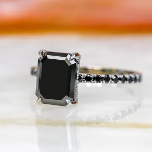 Noir Mystique  Unique  Natural Black Diamond Emerald Cut Engagement Ring