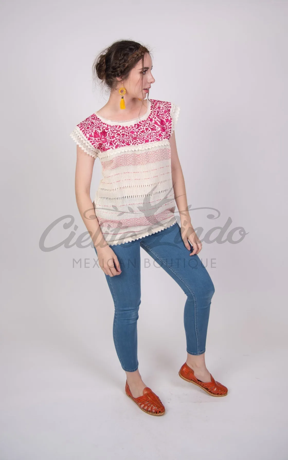 Oaxaca Paloma Blouse Cream with Hot Pink