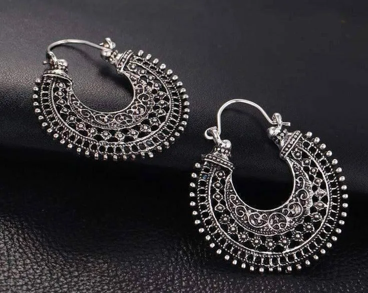 Patina Silver Crescent Hoop Earrings for Women