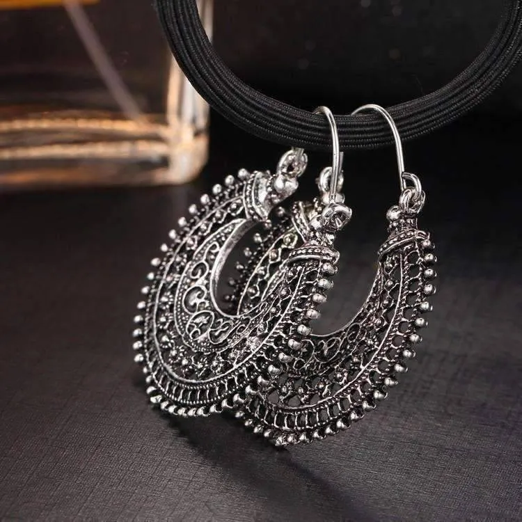 Patina Silver Crescent Hoop Earrings for Women