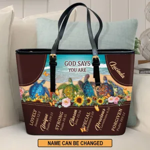 Personalized Turtle Large Leather Tote Bag God Says You Are Special - Religious Gifts For Women Of God