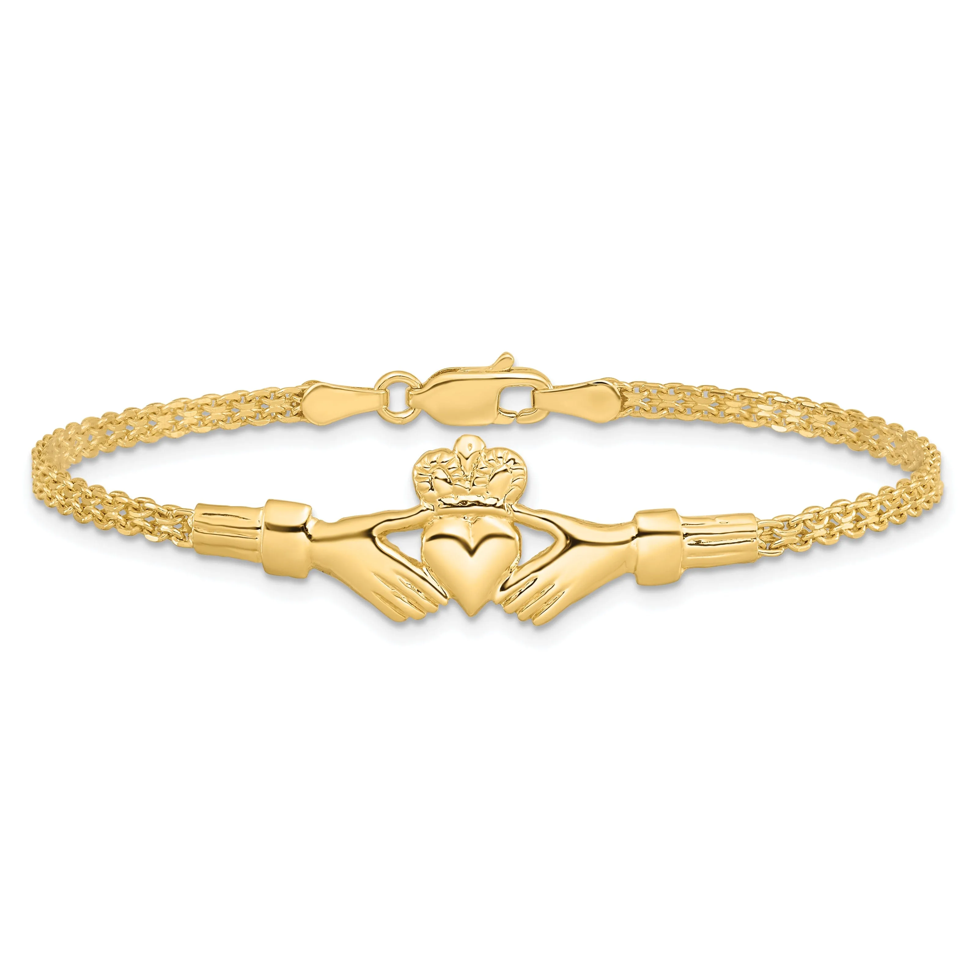 Polished 14k Gold Claddagh Bracelet - 13-mm Width, 7-" Length