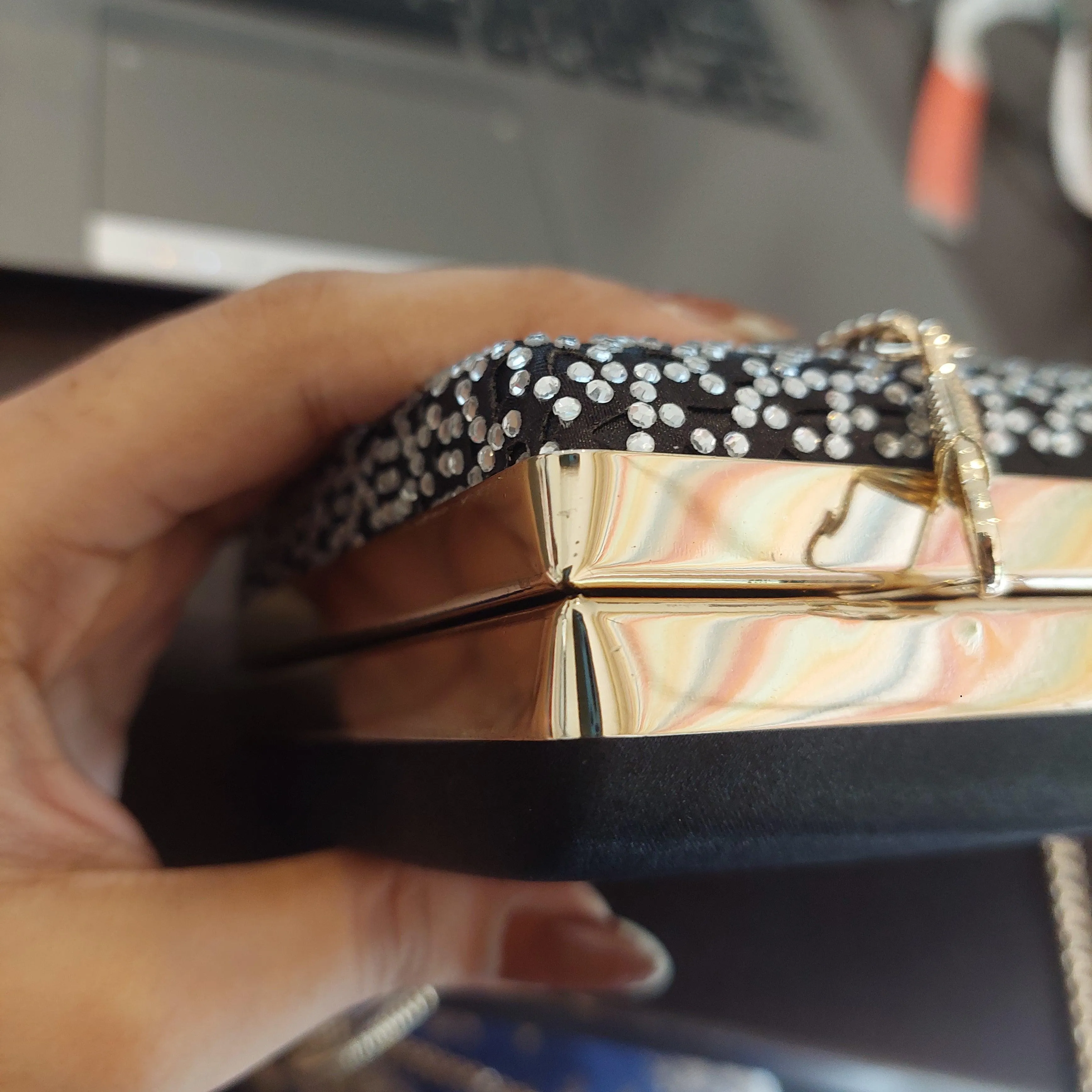 Pre-Loved Treasures - Steve Madden Black Satin with Silver Rhinestones Box Clutch | Gently Used