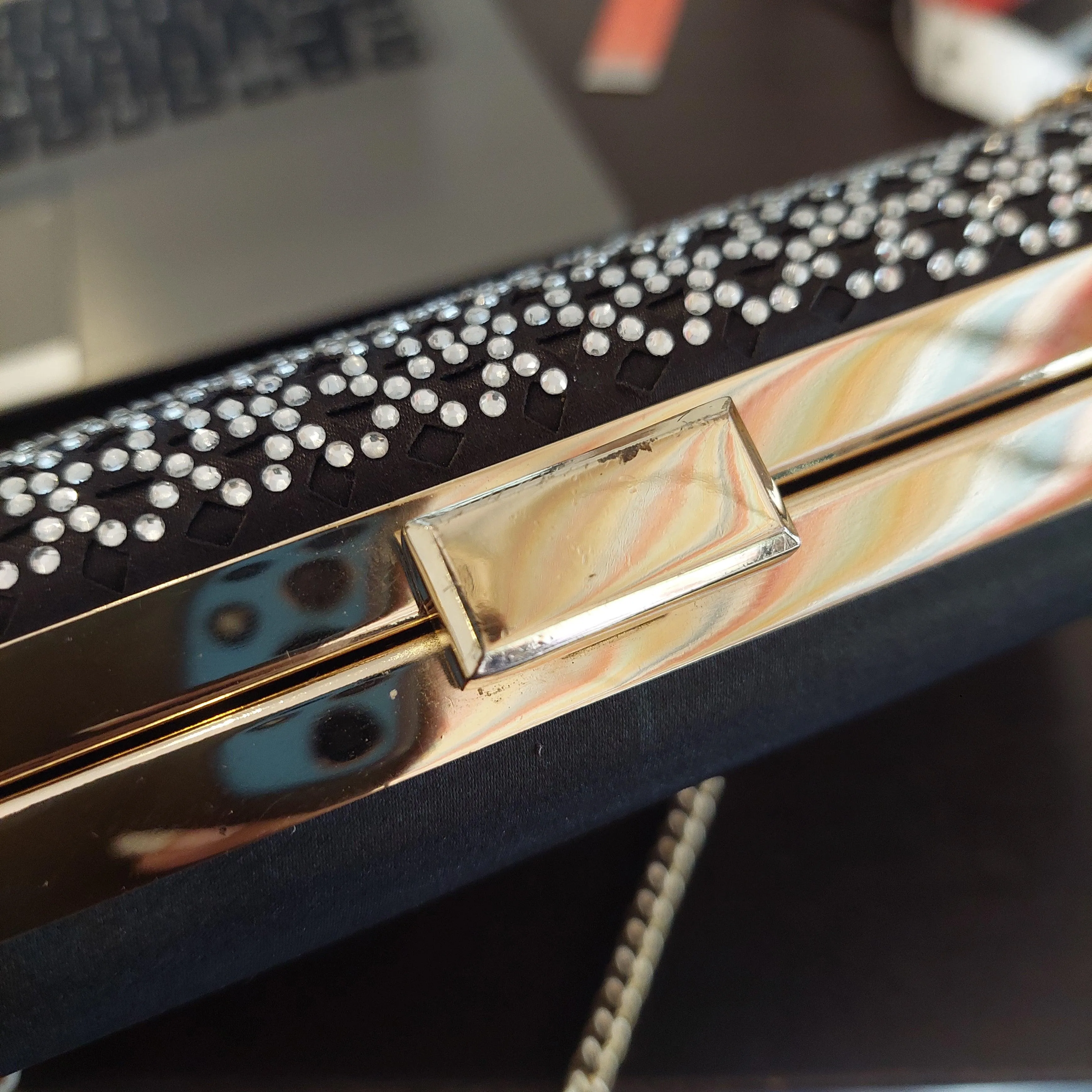 Pre-Loved Treasures - Steve Madden Black Satin with Silver Rhinestones Box Clutch | Gently Used