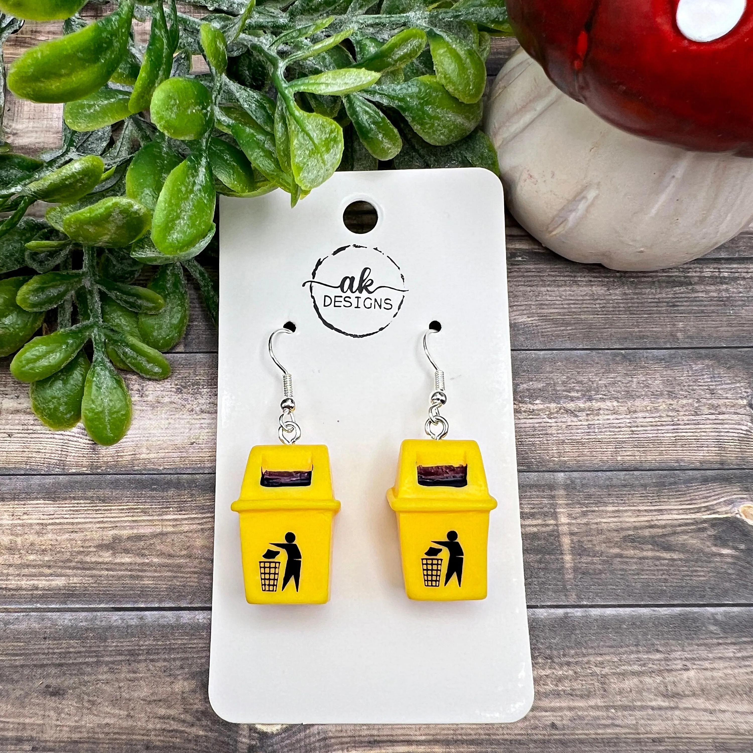 Quirky Trash Recycle Rubbish Trashcan, Hypoallergenic  Earrings