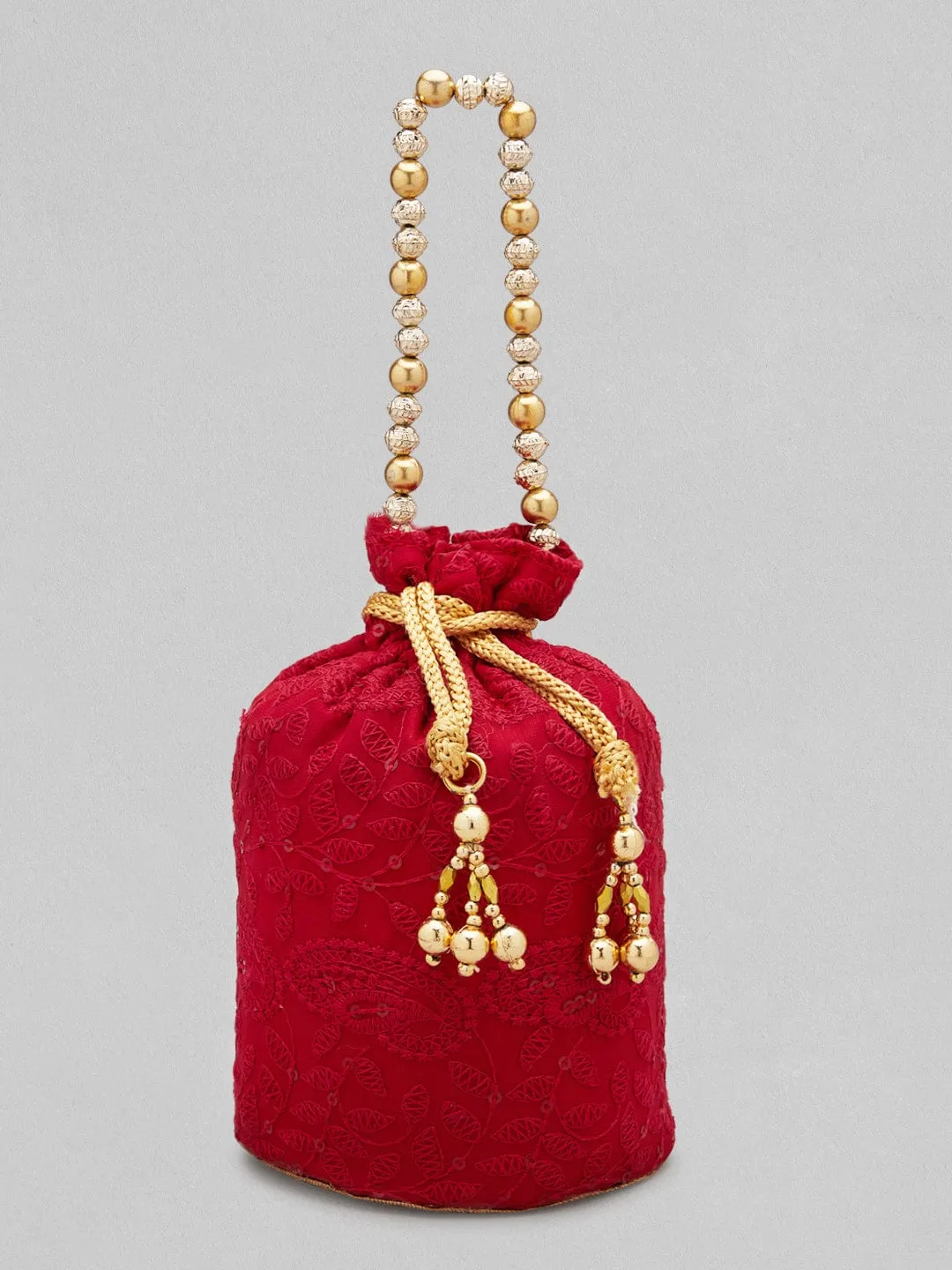 Rubans Red Coloured Potli Handbag With Chikankari Design