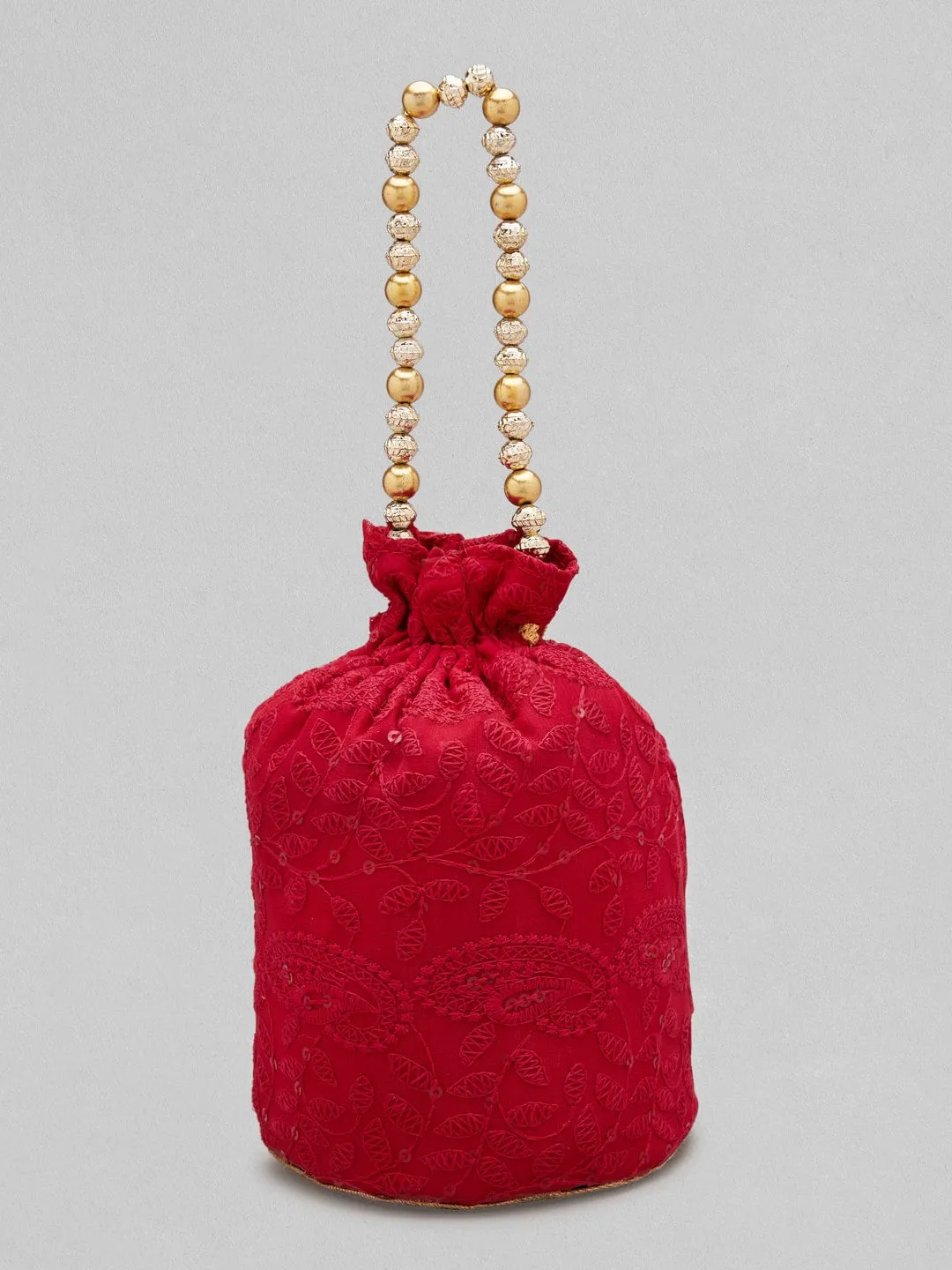 Rubans Red Coloured Potli Handbag With Chikankari Design