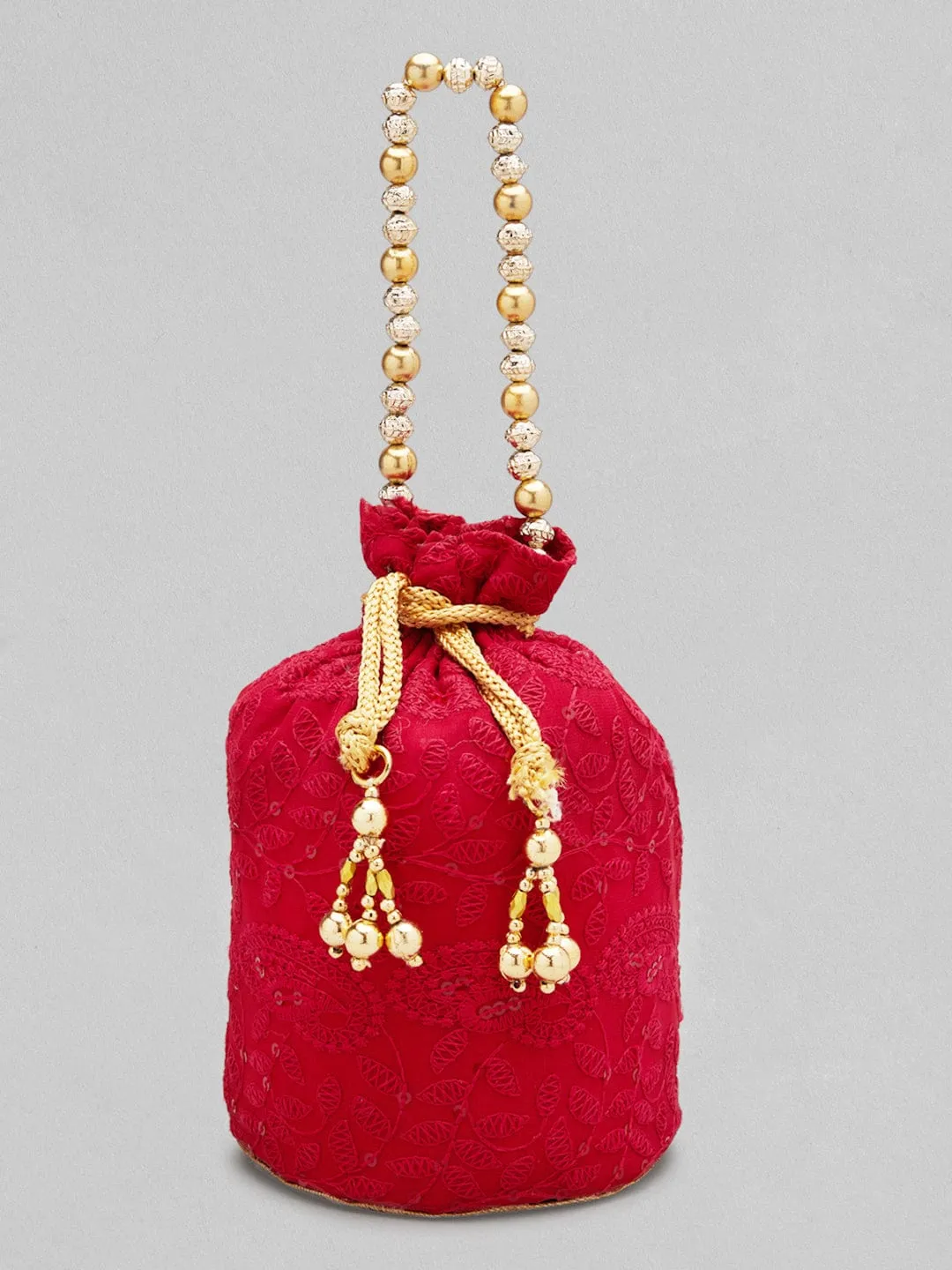 Rubans Red Coloured Potli Handbag With Chikankari Design