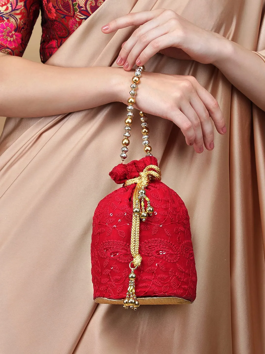 Rubans Red Coloured Potli Handbag With Chikankari Design