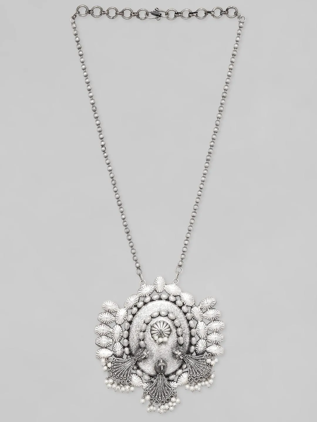 Rubans Silver Oxidised Necklace With Elegant Peacock Design