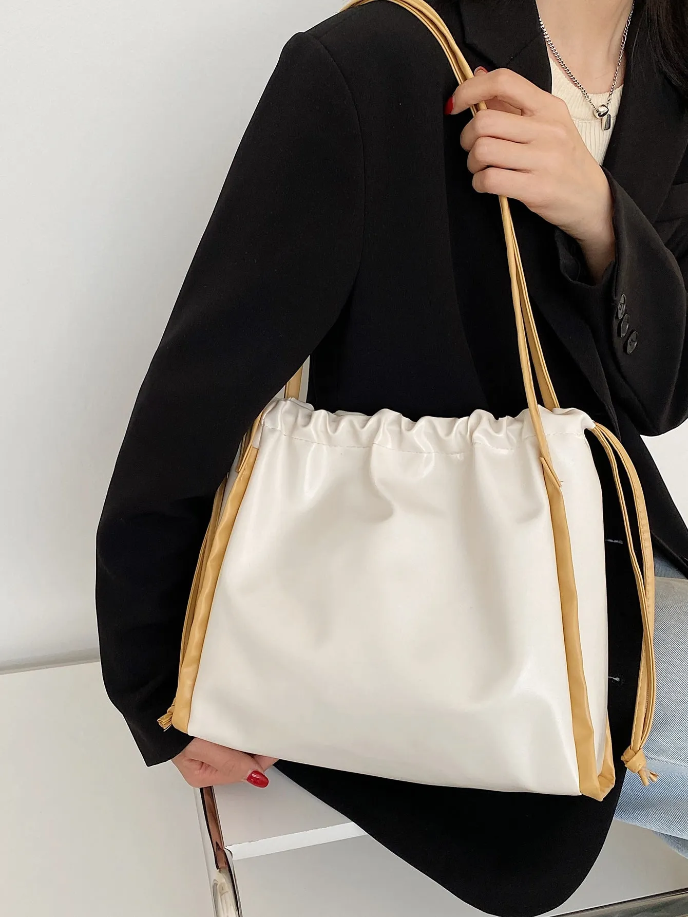 Two Tone Drawstring Shoulder Tote Bag