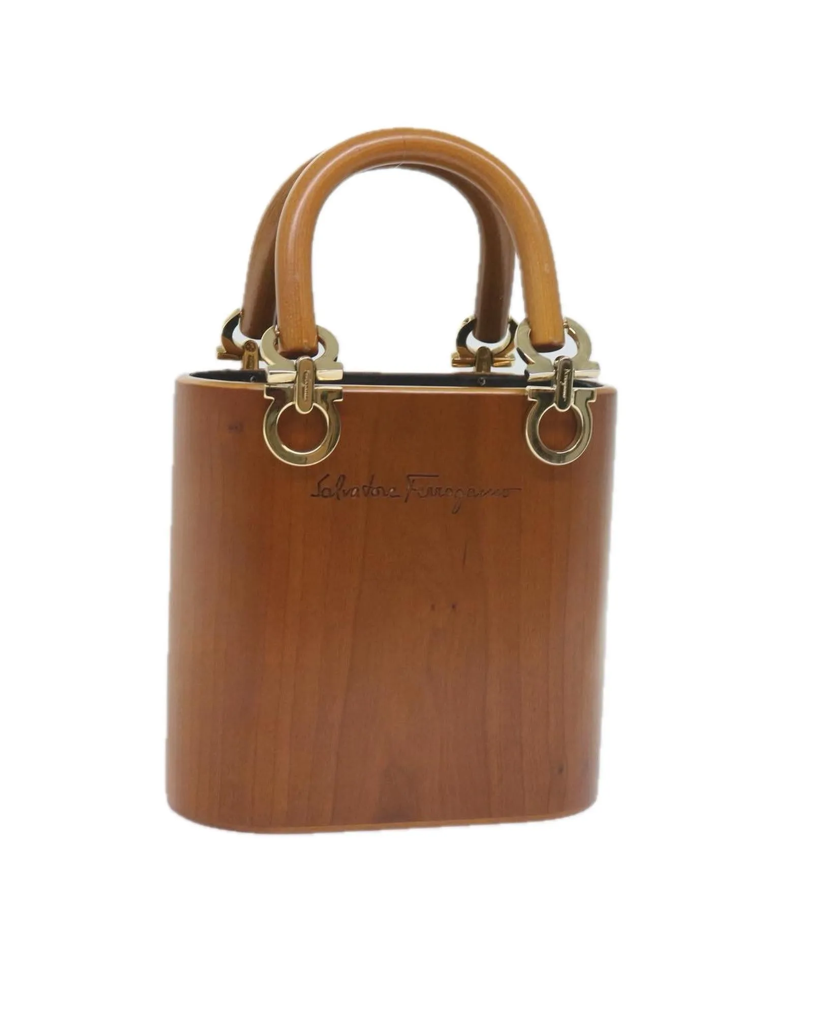 Wood Brown Gancini Hand Bag by Salvatore Ferragamo